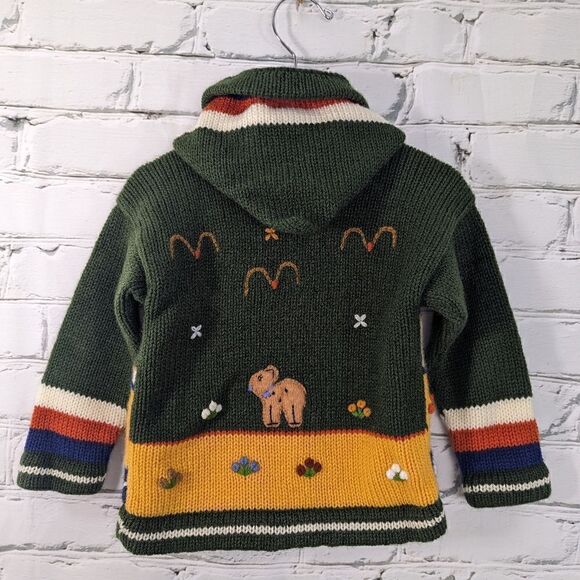 Kids Wool blend embroidered sweater made in peru. Green/animals size 2 - Picture 7 of 9